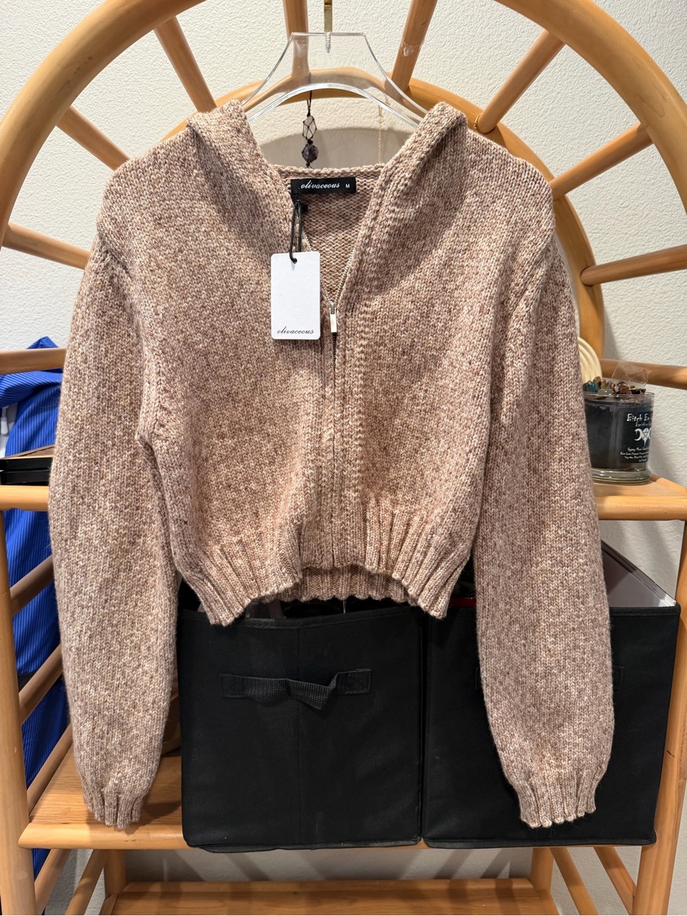 Olivaceous Cropped Zip-Up Hooded Sweater - Taupe